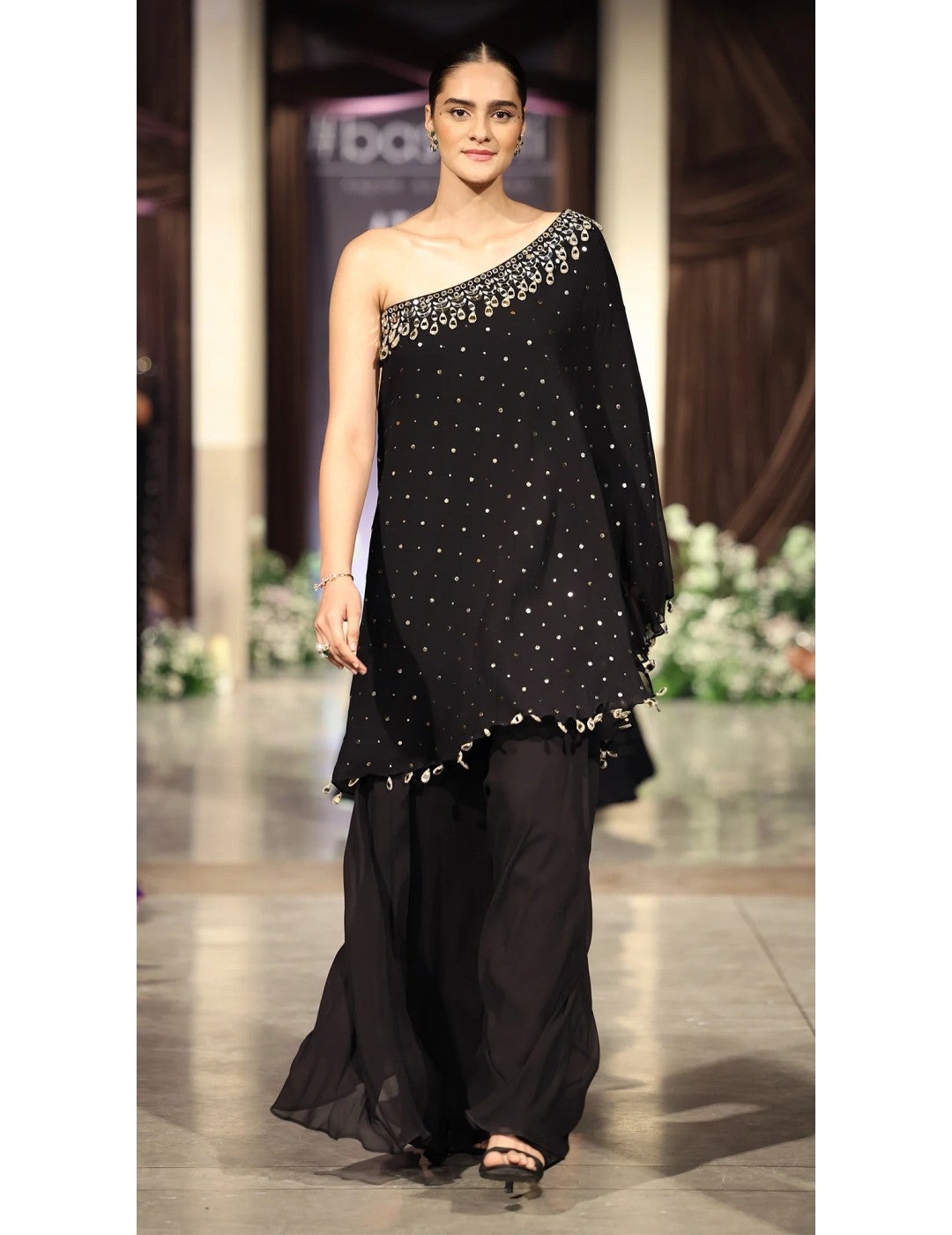 Black Mukaish Georgette Embroidered Sharara Set