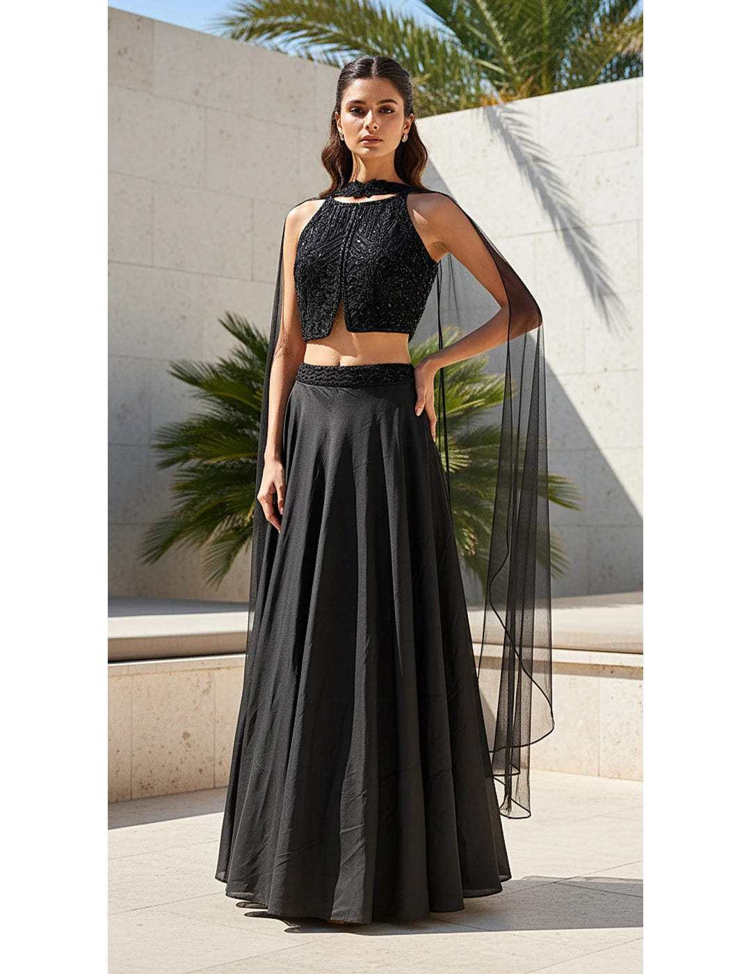 Black Satin Embroidered Lehenga Set
