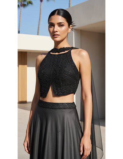 Black Satin Embroidered Lehenga Set