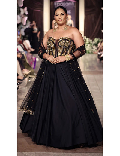 Black Viscose Lycra Embroidered Lehenga Set