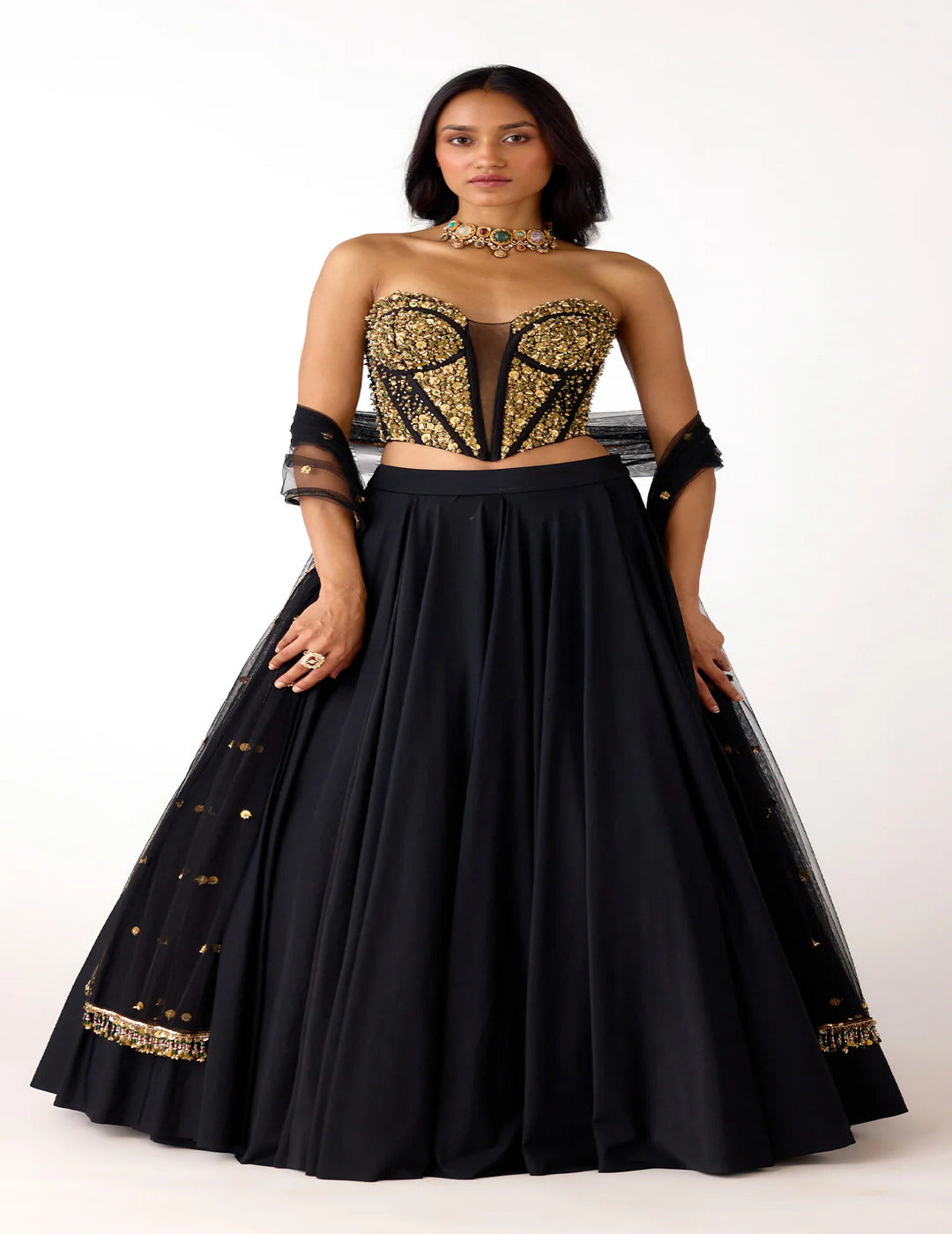 Black Viscose Lycra Embroidered Lehenga Set