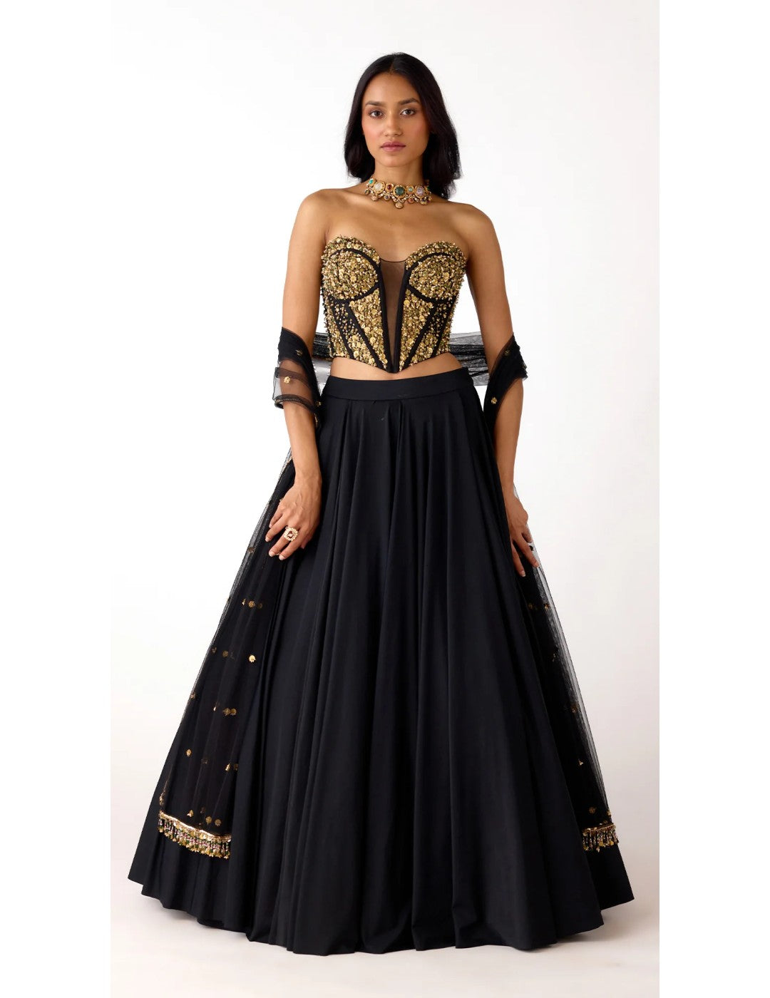 Black Viscose Lycra Embroidered Lehenga Set