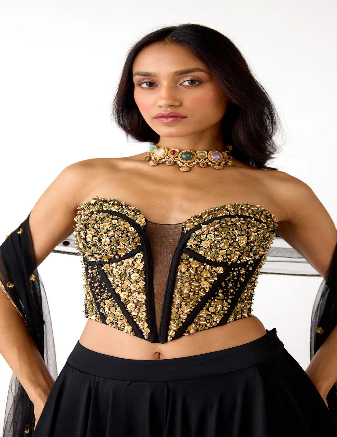 Black Viscose Lycra Embroidered Lehenga Set