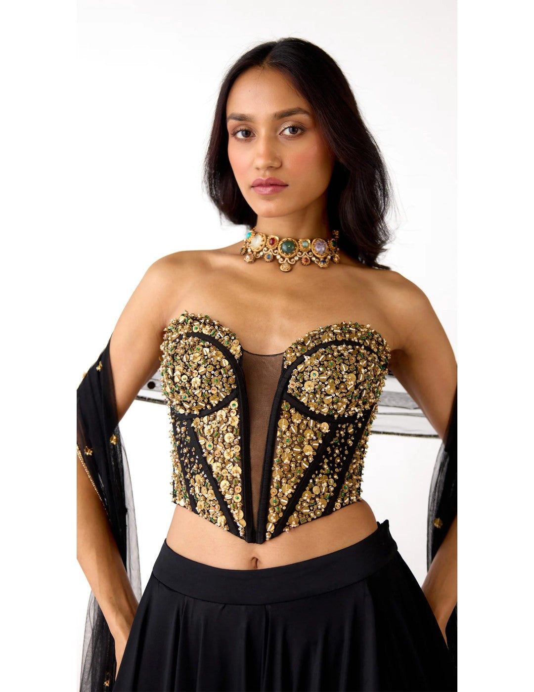 Black Viscose Lycra Embroidered Lehenga Set