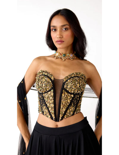 Black Viscose Lycra Embroidered Lehenga Set