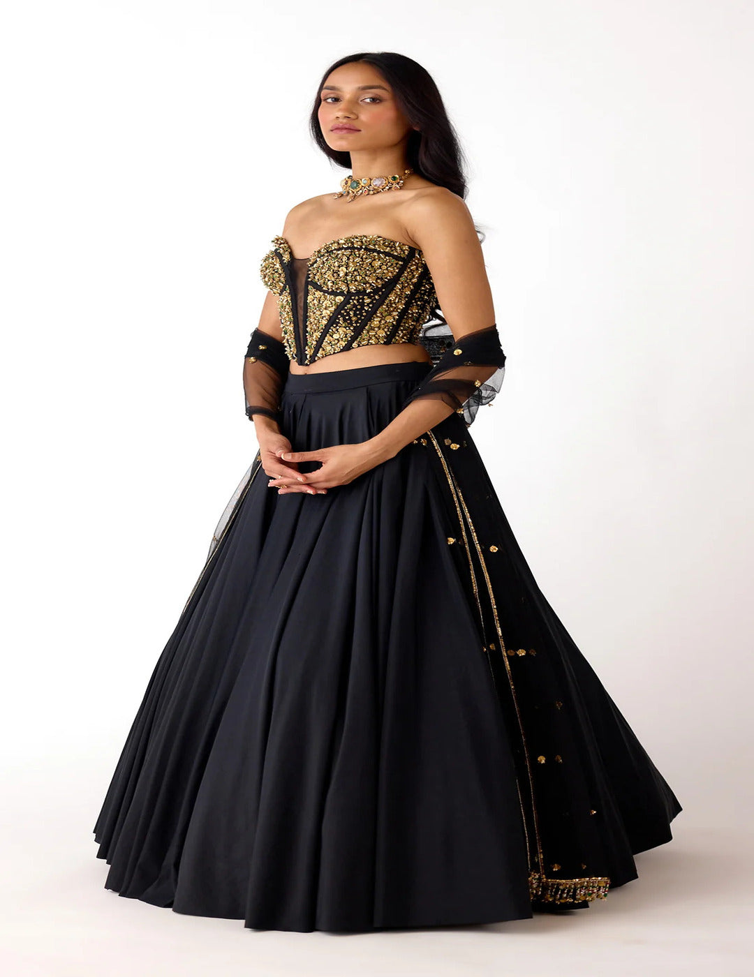 Black Viscose Lycra Embroidered Lehenga Set