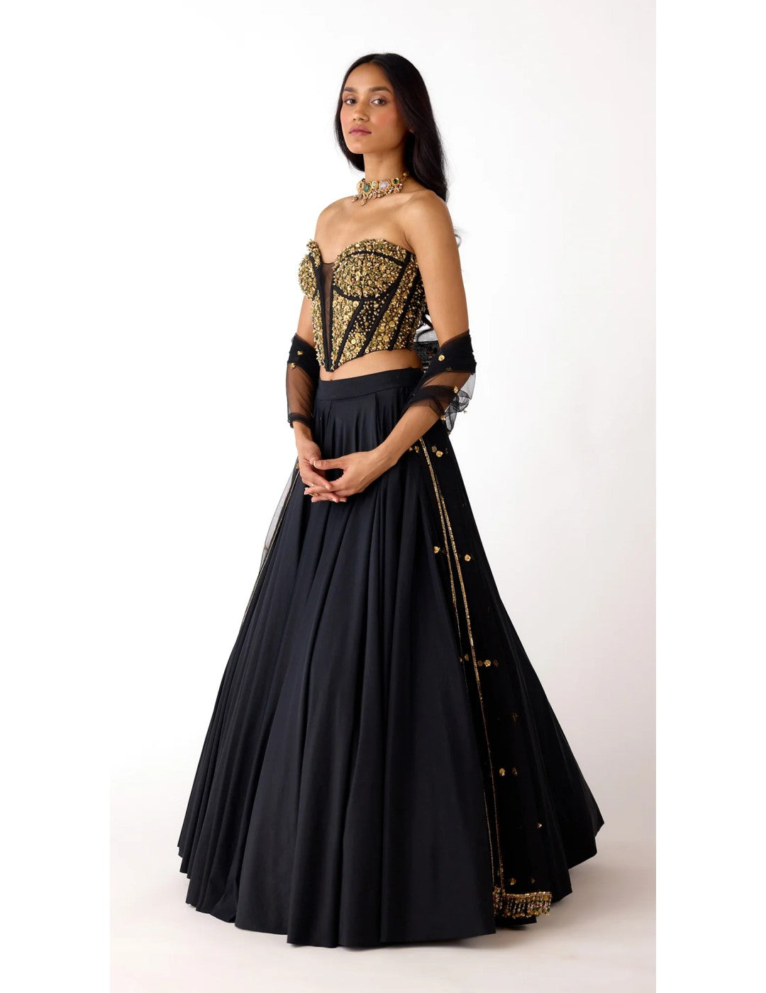 Black Viscose Lycra Embroidered Lehenga Set