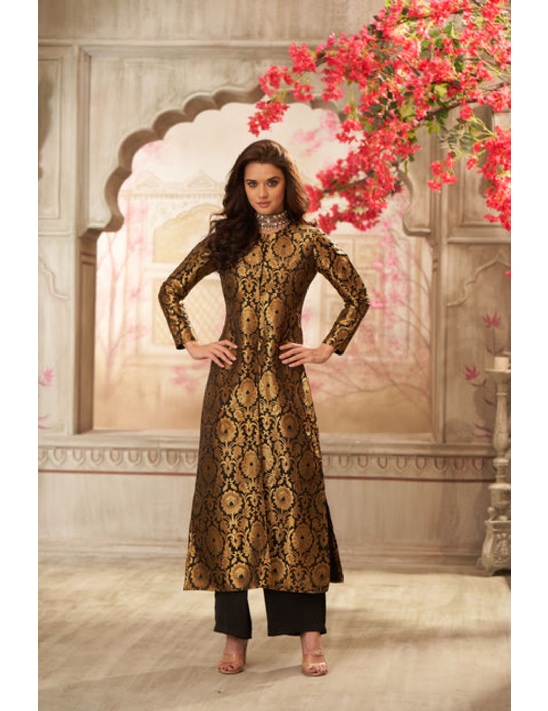 Black Brocade Jacket With Straight Pants