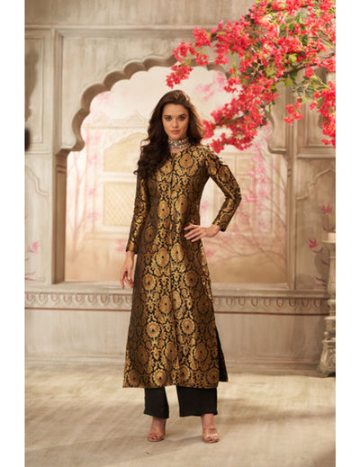 Black Brocade Jacket With Straight Pants