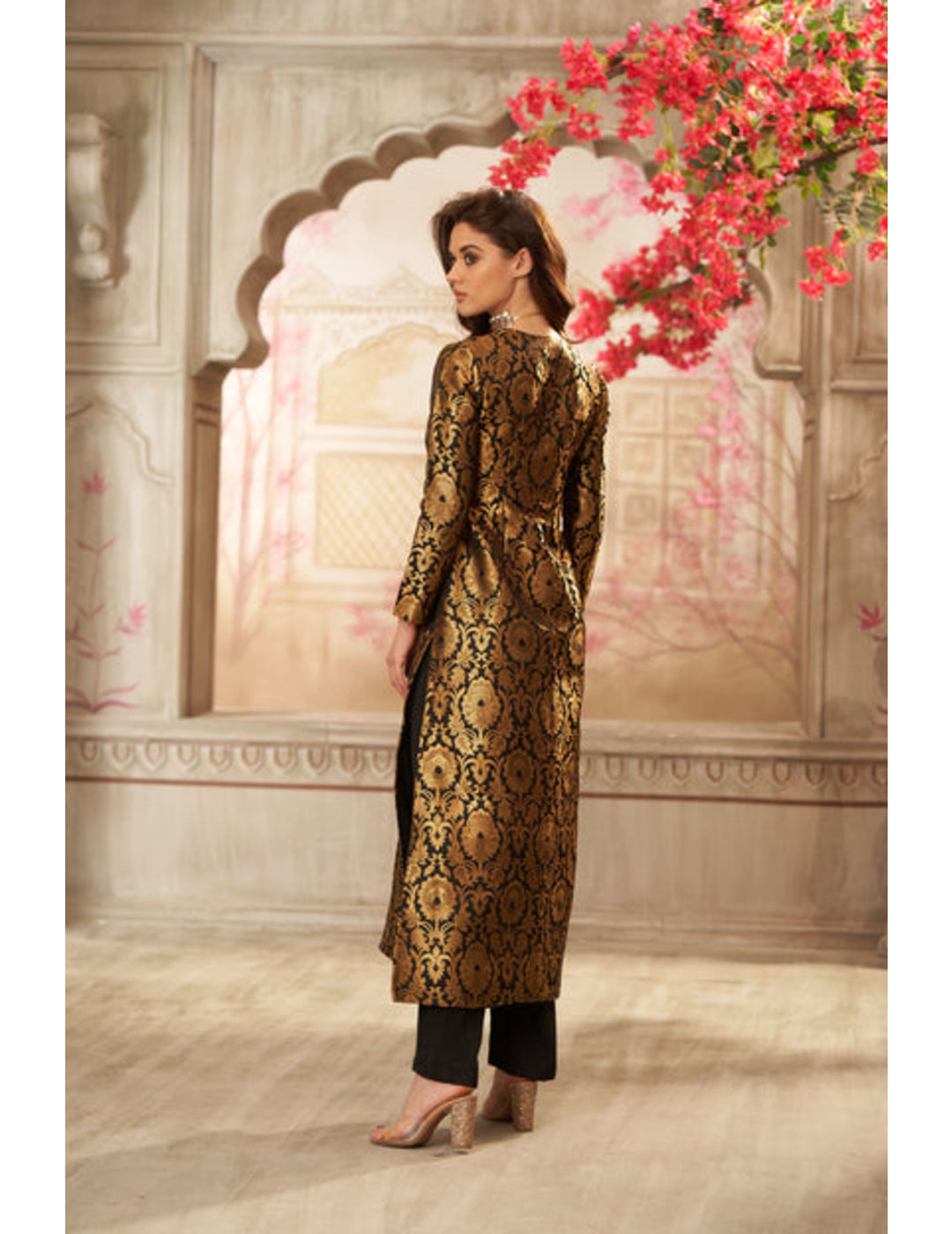 Black Brocade Jacket With Straight Pants