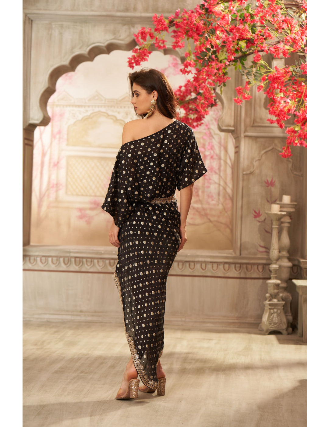 Black Chinon Off Shoulder Embroidered Lace Draped Dress