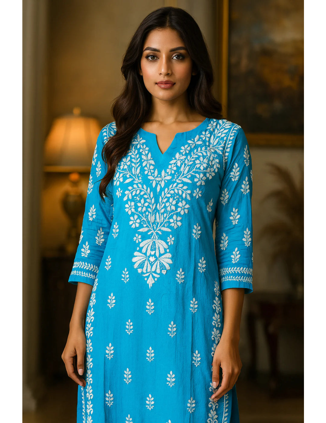 粉色 Chikankari 直筒 Kurta