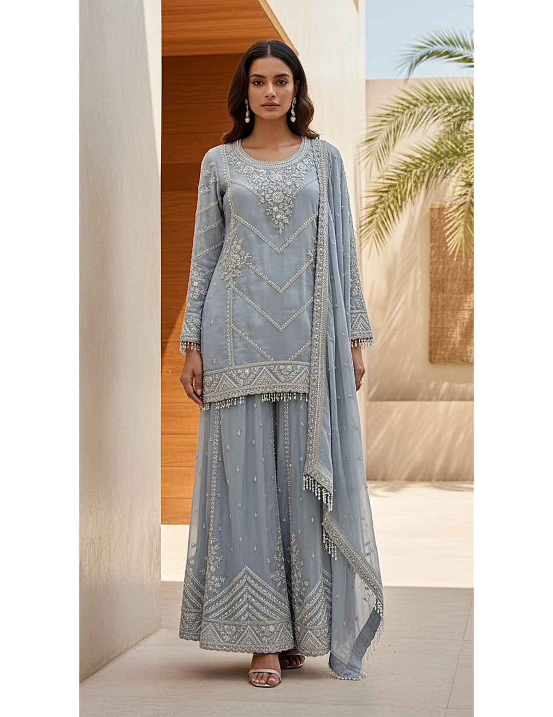 Blue Tissue Embroidered Sharara Set