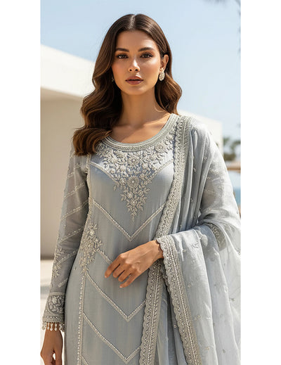 Blue Tissue Embroidered Sharara Set