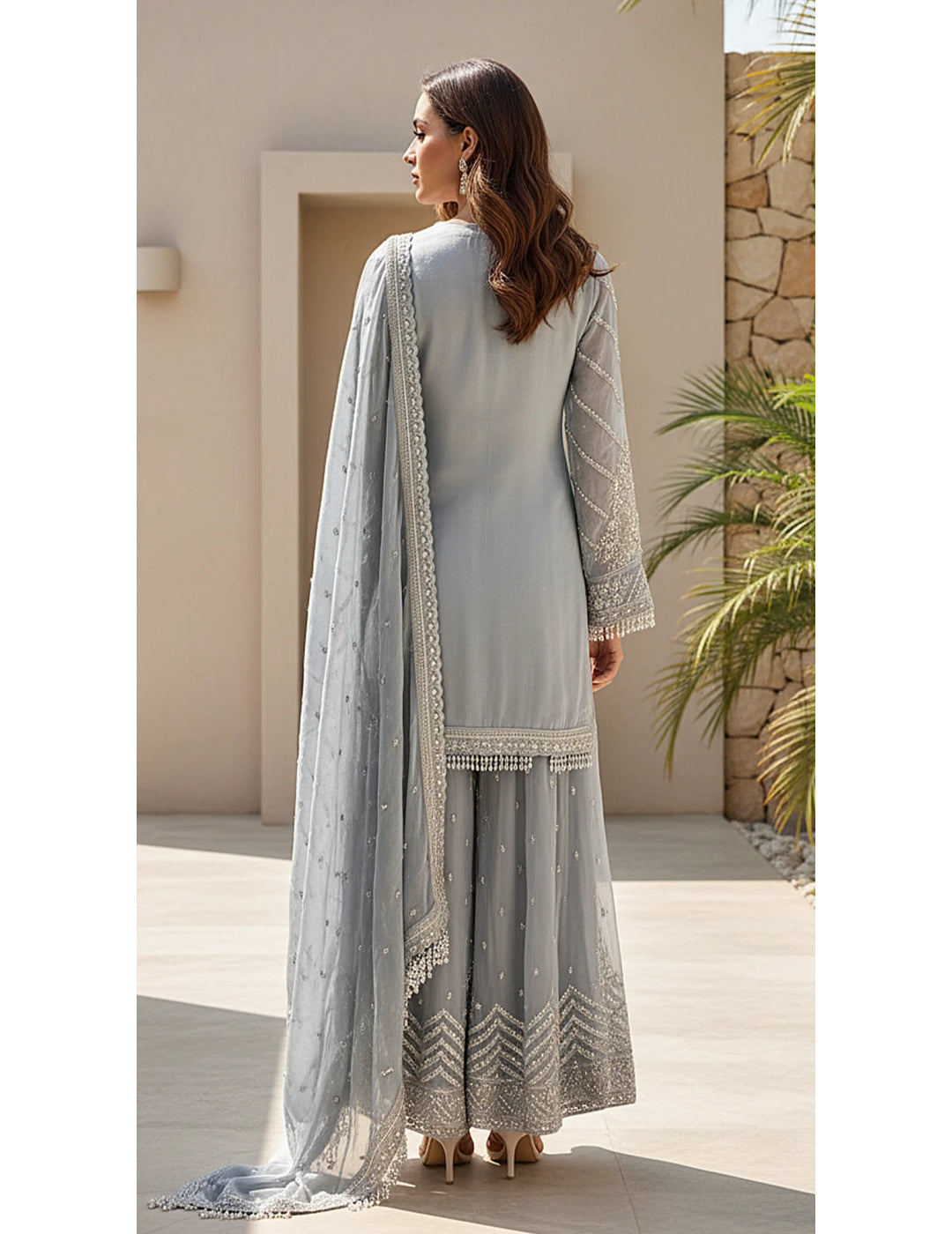 Blue Tissue Embroidered Sharara Set