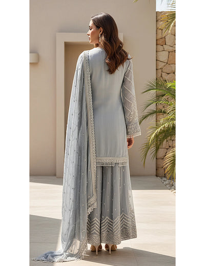 Blue Tissue Embroidered Sharara Set