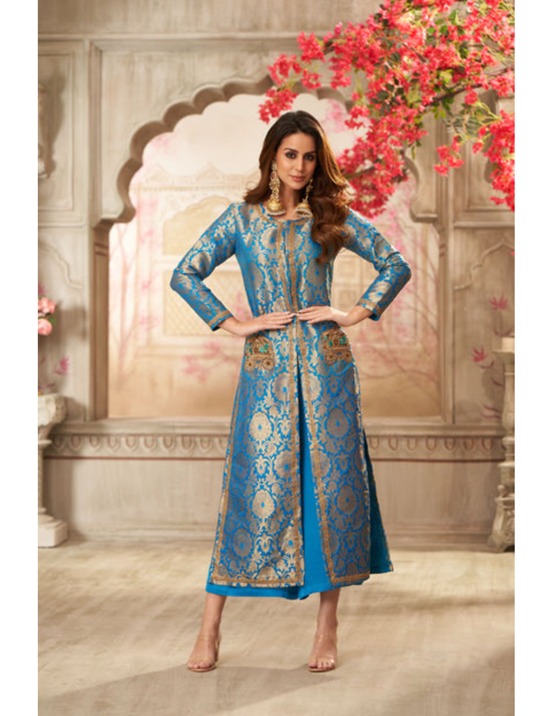 Blue Brocade Jacket With Straight Pants