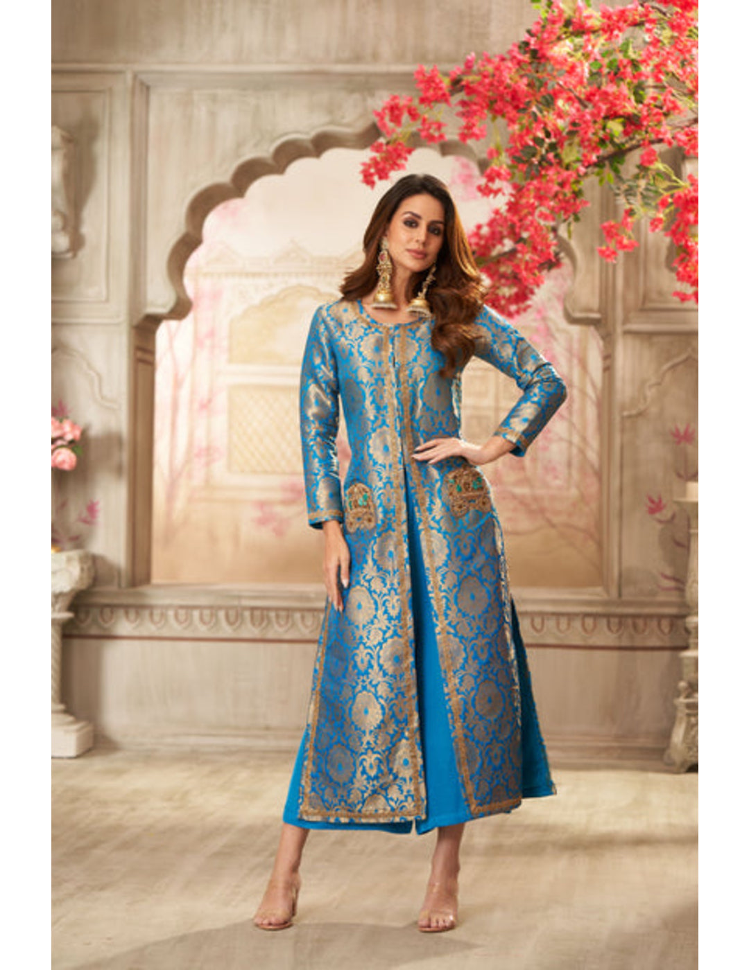 Blue Brocade Jacket With Straight Pants