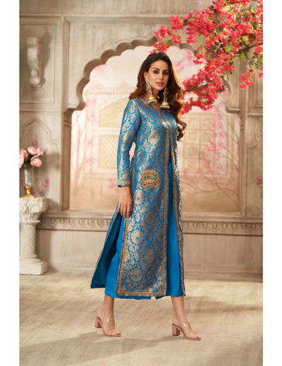 Blue Brocade Jacket With Straight Pants