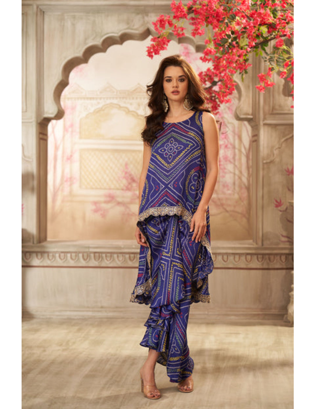 Navy Blue Bandhani & Front Pleated Skirt Coord Set