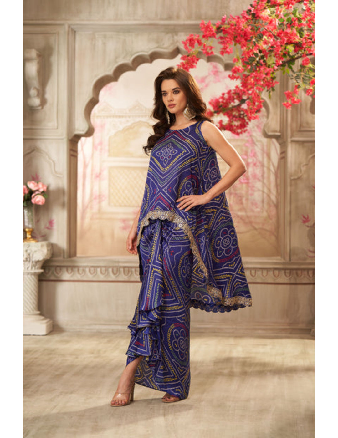 Navy Blue Bandhani & Front Pleated Skirt Coord Set