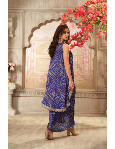 Navy Blue Bandhani & Front Pleated Skirt Coord Set