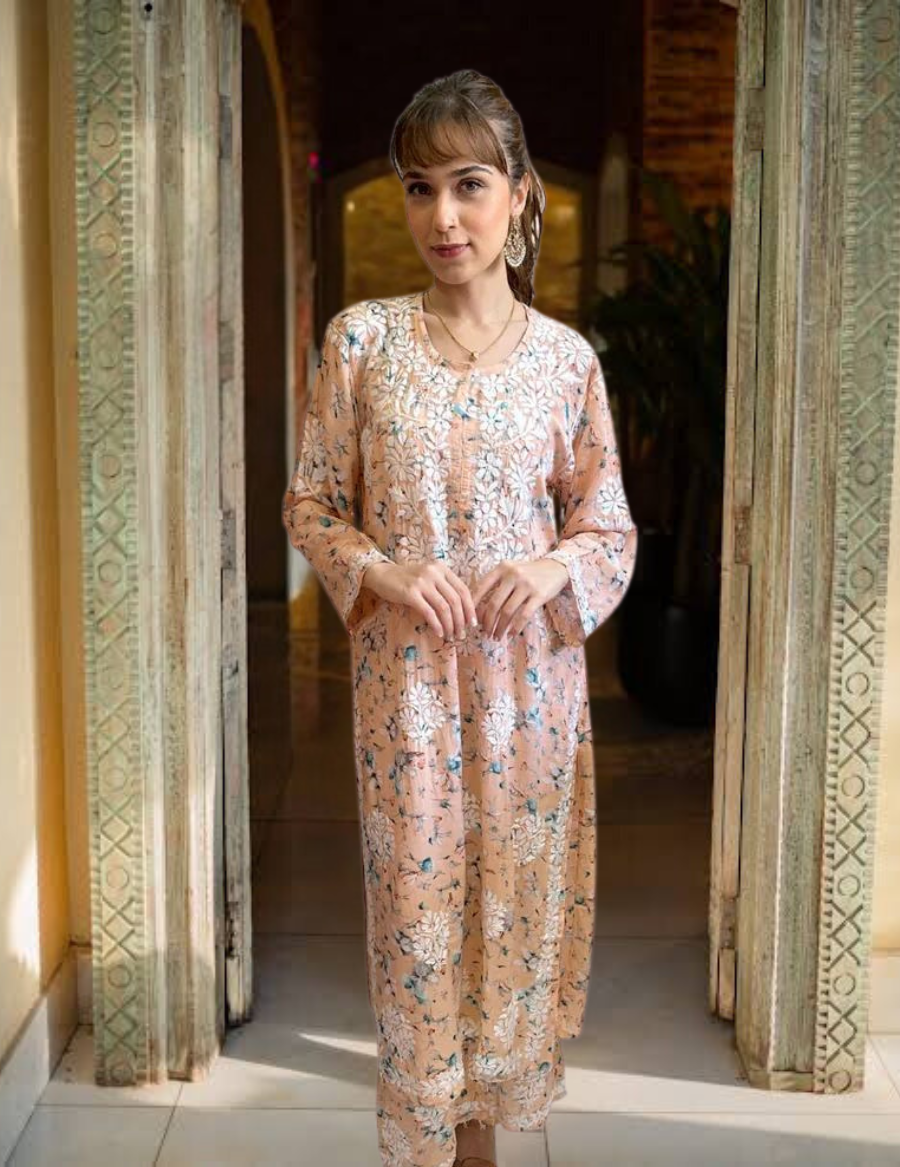 Peach Floral Chikankari Kurti Set