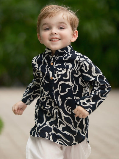 Iman Boys Short Kurta in Patterned Black