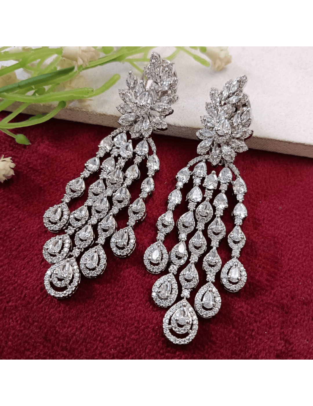 Rhodium-Plated Cubic Zirconia Contemporary Drop Earrings