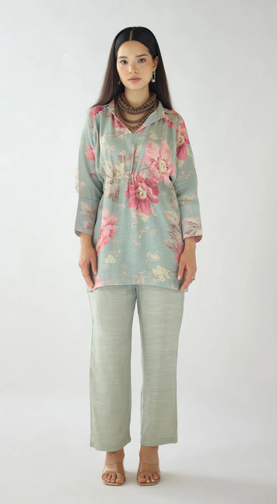 Green Dust Light Petals Linen Blend Co-ord Set