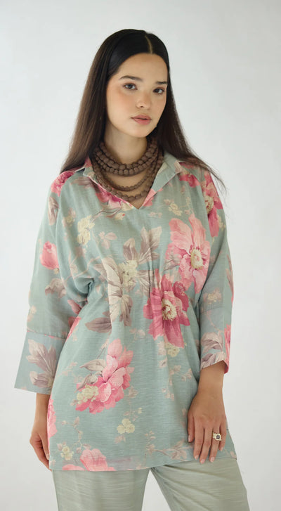 Green Dust Light Petals Linen Blend Co-ord Set