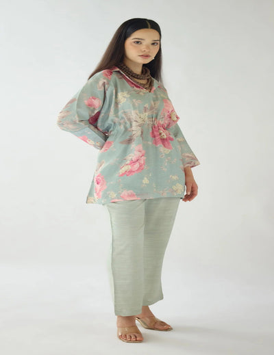 Green Dust Light Petals Linen Blend Co-ord Set