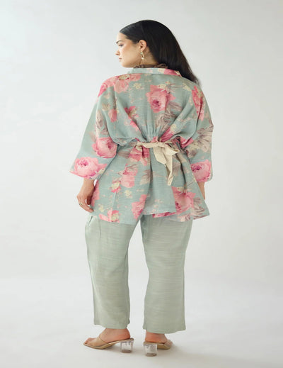 Green Dust Light Petals Linen Blend Co-ord Set