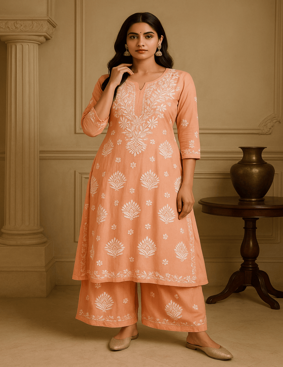 桃色 Chikankari Kurti 套装