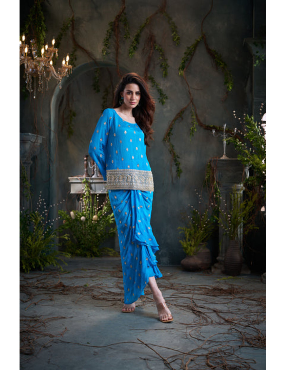 Aqua Drop Sleeves Embroidered Chinon Top With Front Pleated Skirt