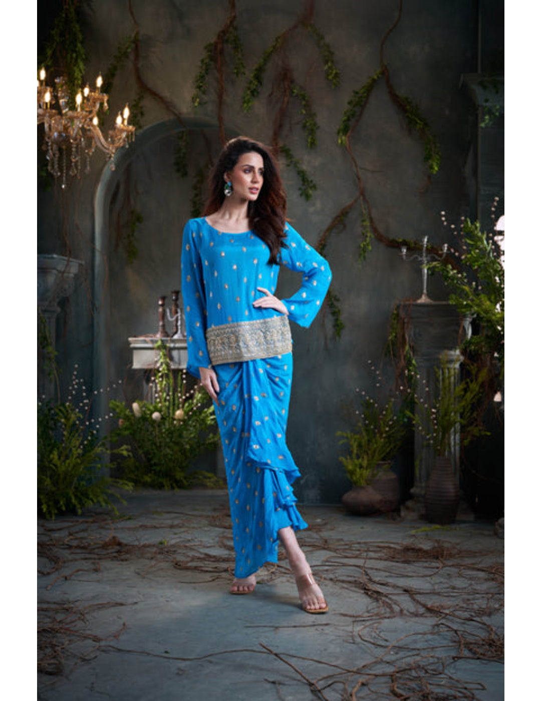 Aqua Drop Sleeves Embroidered Chinon Top With Front Pleated Skirt