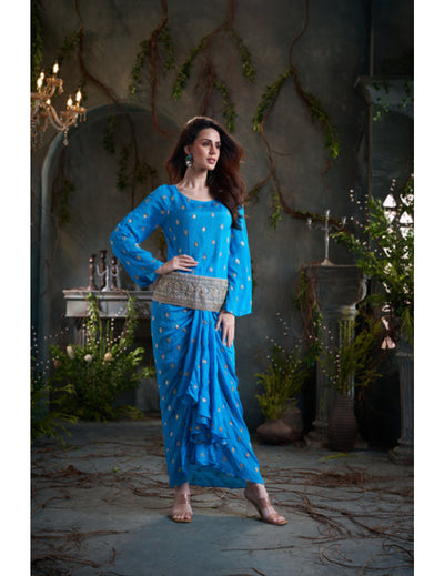 Aqua Drop Sleeves Embroidered Chinon Top With Front Pleated Skirt