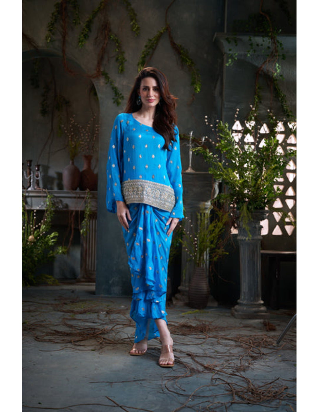 Aqua Drop Sleeves Embroidered Chinon Top With Front Pleated Skirt