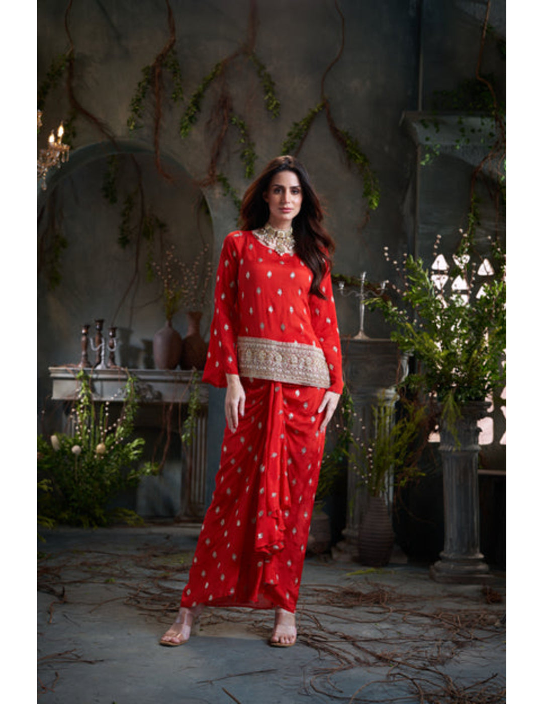 Red Drop Sleeves Embroidered Chinon Top With Front Pleated Skirt