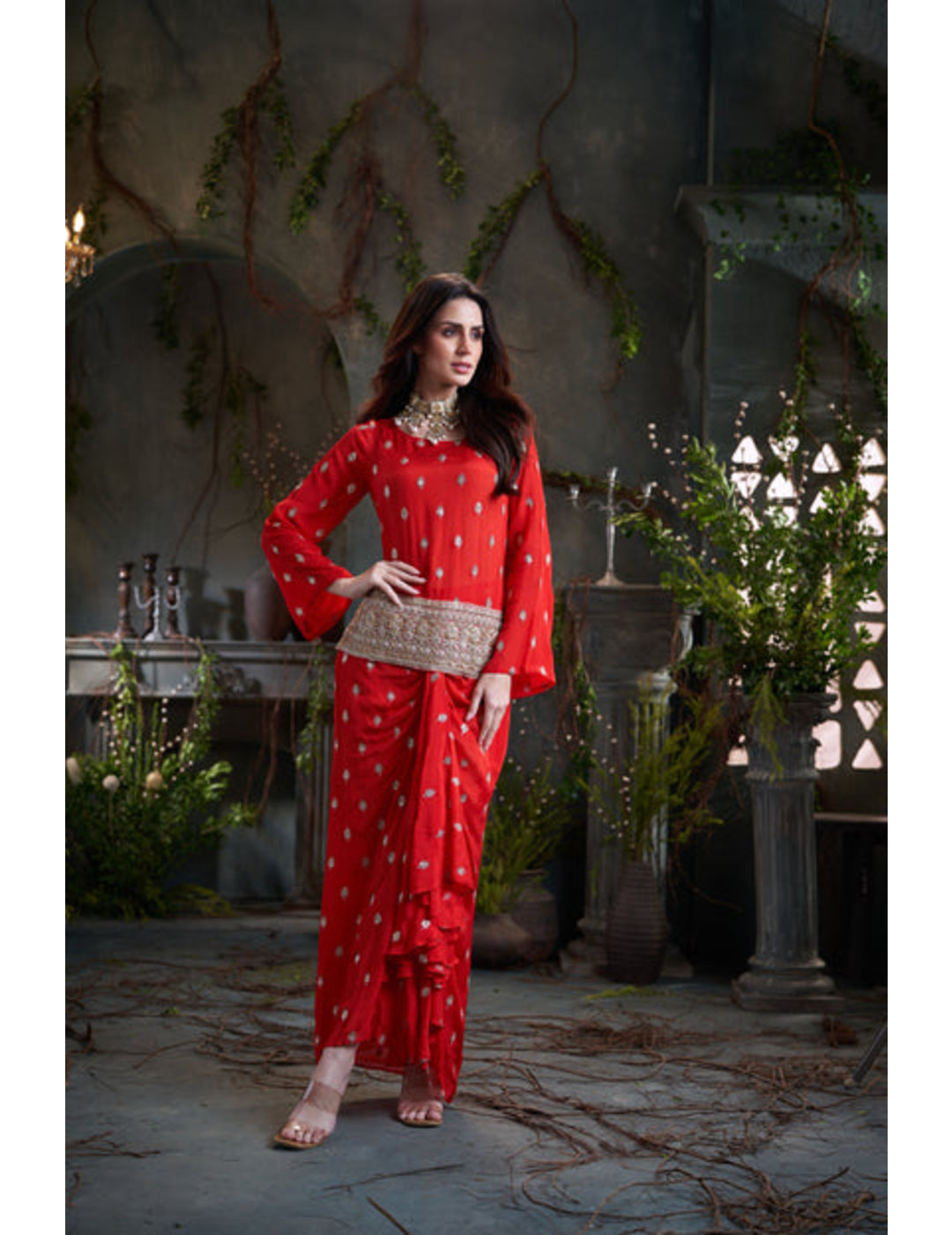 Red Drop Sleeves Embroidered Chinon Top With Front Pleated Skirt