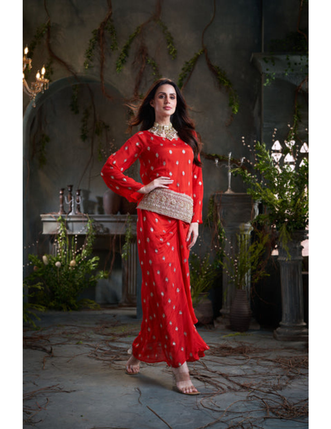 Red Drop Sleeves Embroidered Chinon Top With Front Pleated Skirt