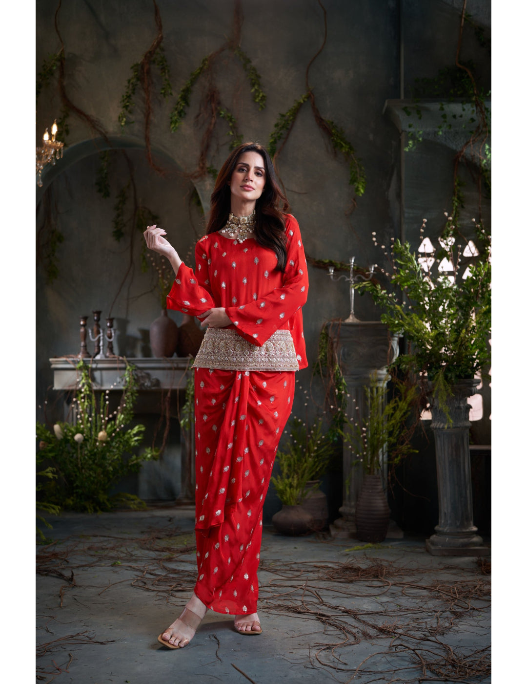 Red Drop Sleeves Embroidered Chinon Top With Front Pleated Skirt