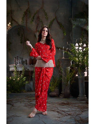 Red Drop Sleeves Embroidered Chinon Top With Front Pleated Skirt