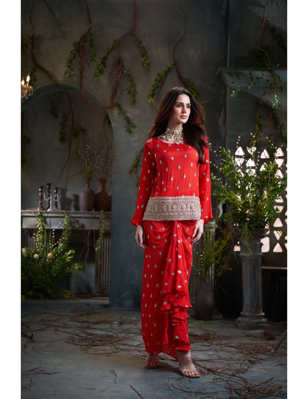 Red Drop Sleeves Embroidered Chinon Top With Front Pleated Skirt