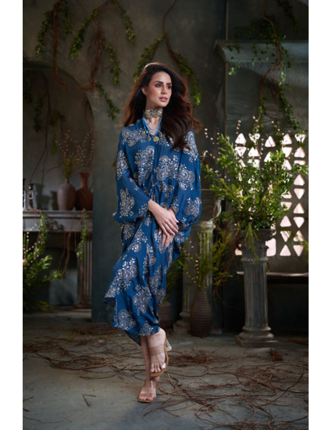 Teal Chinon Embroidered Midi Dress