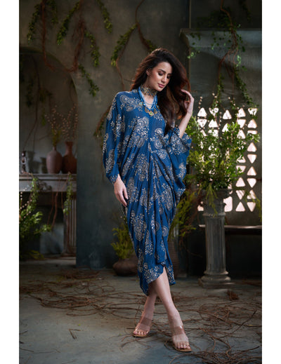 Teal Chinon Embroidered Midi Dress