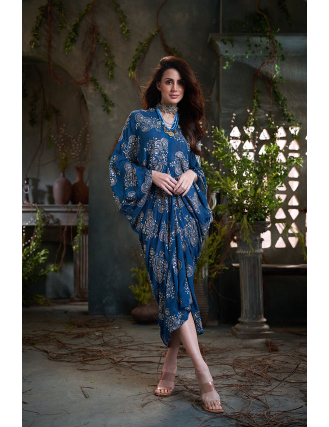 Teal Chinon Embroidered Midi Dress