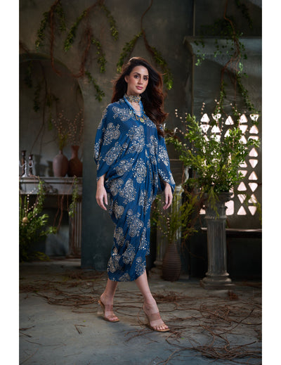 Teal Chinon Embroidered Midi Dress