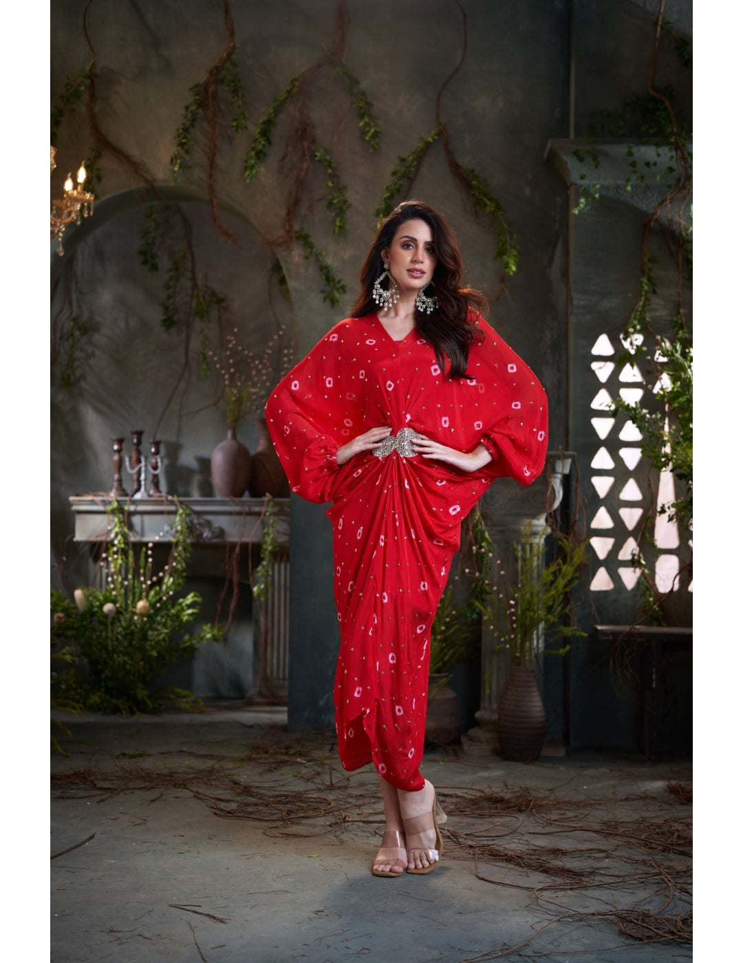 Red Chinon Pleated Batik Midi Dress