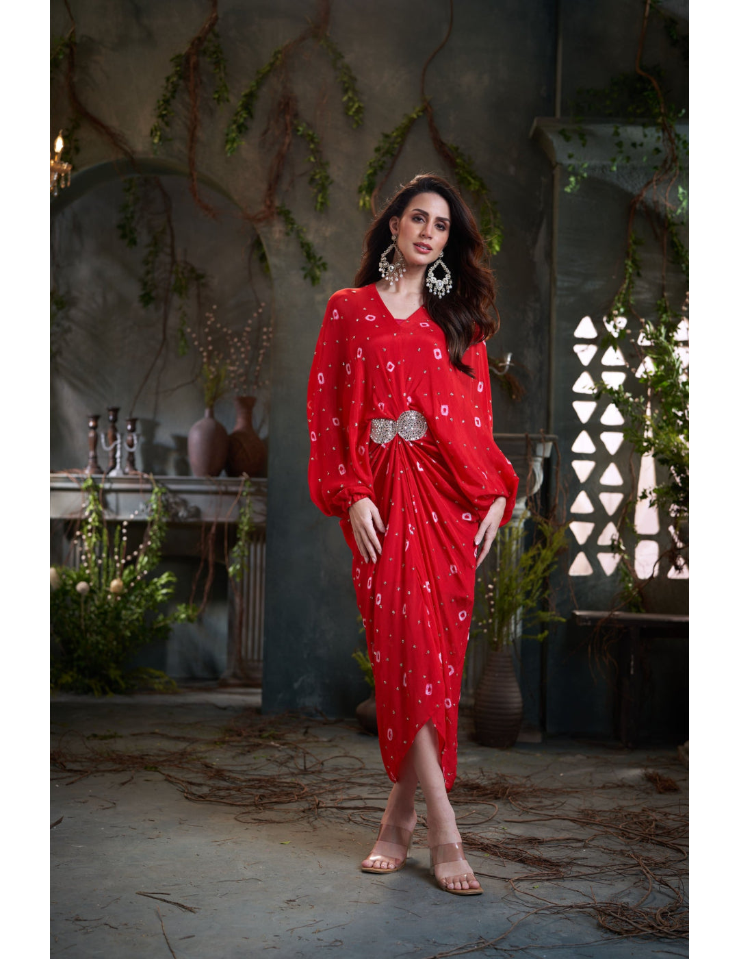 Red Chinon Pleated Batik Midi Dress